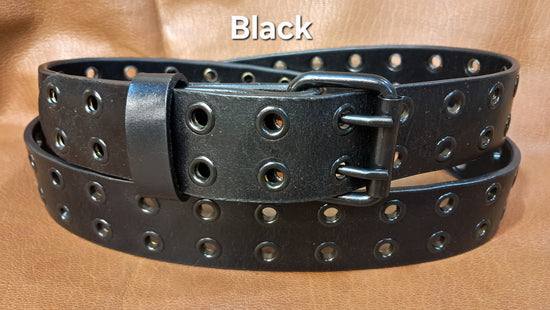 Leather Belt Double Hole Black Plate Buckle and Grommets 1 1/4" Wide