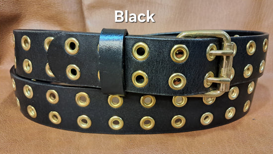 Leather Belt Double Hole With Brass Plate Buckle and Grommets 1 1/2" Wide
