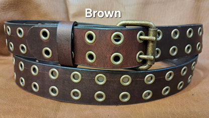 Leather Belt Double Hole With Antique Brass Buckle and Grommets 1 1/2" Wide