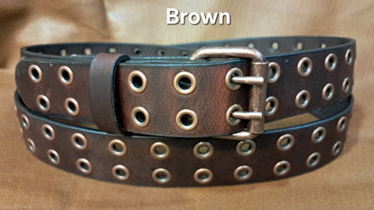 Leather Belt Double Hole With Antique Copper Buckle and Grommets 1 1/2" Wide