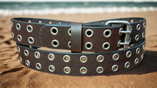 Leather Belt Double Hole With Antique Nickel Buckle and Grommets 1 1/2" Wide