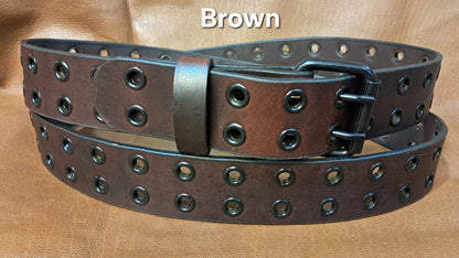 Leather Belt Double Hole Black Plate Buckle and Grommets 1 1/4" Wide
