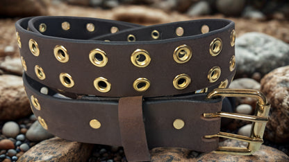 Leather Belt Double Hole With Brass Plate Buckle and Grommets 1 1/2" Wide