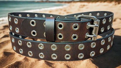 Leather Belt Double Hole With Nickel Plate Buckle and Grommets 1 1/4" Wide
