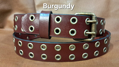 Leather Belt Double Hole With Antique Brass Buckle and Grommets 1 3/4" Wide