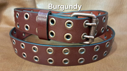 Leather Belt Double Hole With Antique Copper Buckle and Grommets 1 1/2" Wide