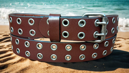 Leather Belt Double Hole With Antique Nickel Buckle and Grommets 1 1/4" Wide