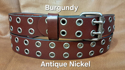Leather Belt Double Hole With Antique Nickel Buckle and Grommets 1 3/4" Wide