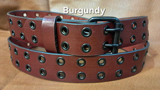 Leather Belt Double Hole With Black Plate Buckle and Grommets 1 3/4" Wide
