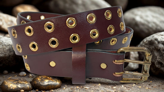 Leather Belt Double Hole With Brass Plate Buckle and Grommets 1 1/2" Wide