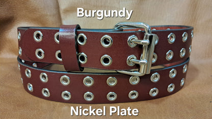 Leather Belt Double Hole With Nickel Plate Buckle and Grommets 1 3/4" Wide
