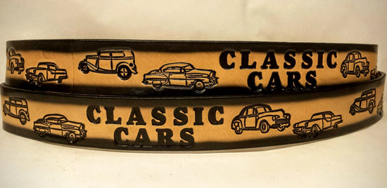 Embossed Leather Belt 1 1/2" Classic Cars