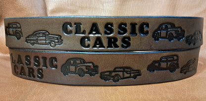 Embossed Leather Belt 1 1/2" Classic Cars