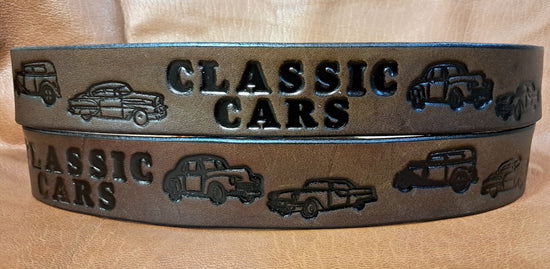 Embossed Leather Belt 1 1/2" Classic Cars