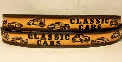Embossed Leather Belt 1 1/2" Classic Cars 2TC