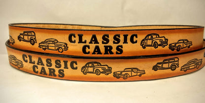 Embossed Leather Belt 1 1/2" Classic Cars 2TC