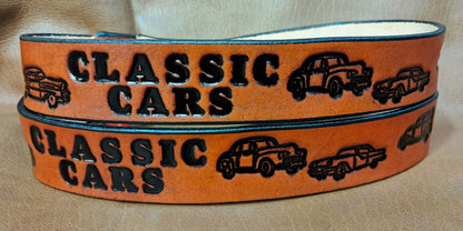 Embossed Leather Belt 1 1/2" Classic Cars