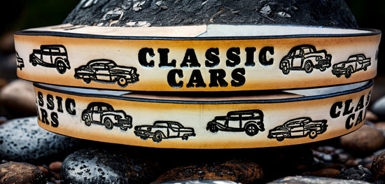 Embossed Leather Belt 1 1/2" Classic Cars 2TC