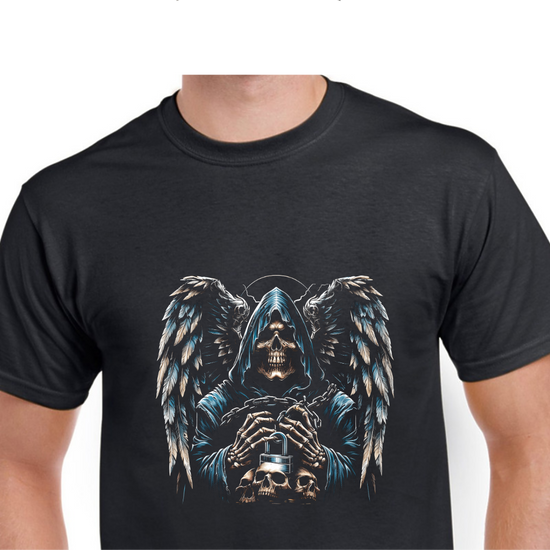Hooded grim reaper with large wings and skulls.
