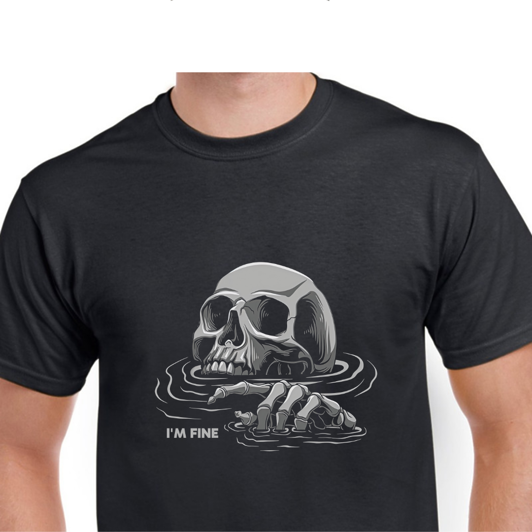 Skull and skeletal hand rising from water, &