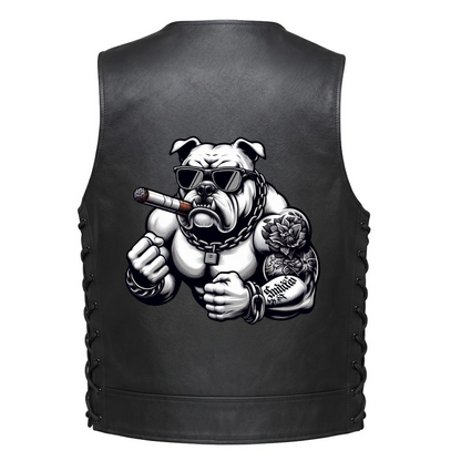 Leather Vest - A muscular bulldog wearing sunglasses and with a cigar in the mouth