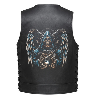 Leather Vest - Winged Grim Reaper Holding a Skull