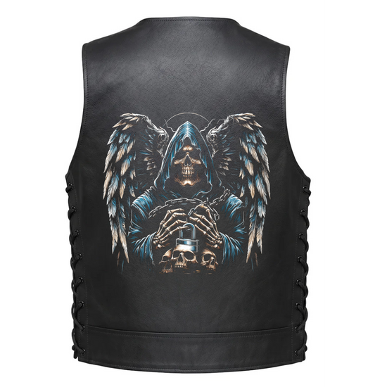 Leather Vest - Winged Grim Reaper Holding a Skull