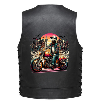 Leather Vest - Biker skull riding a motorcycle with a Middle Finger sunset in the back and other bikers in the background.