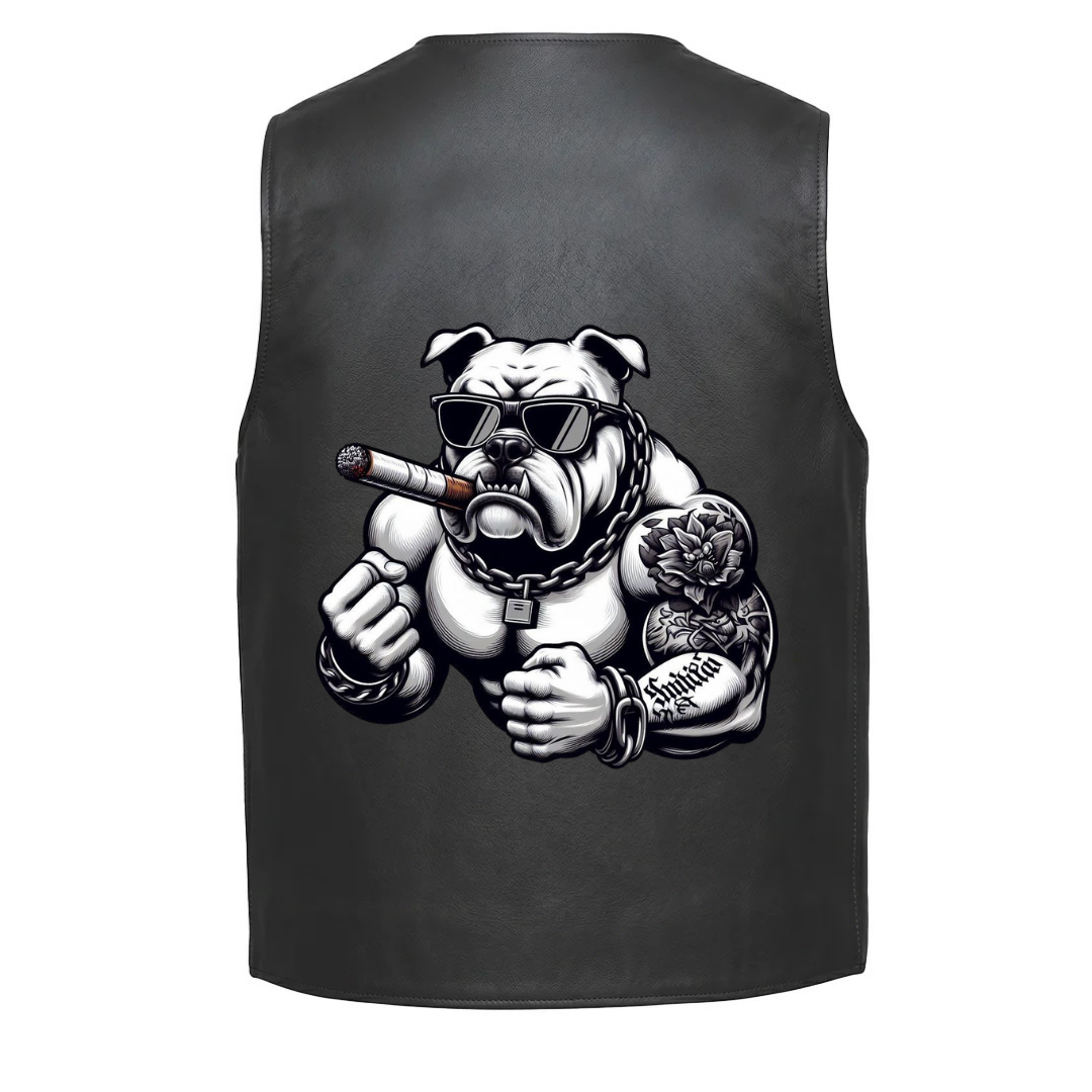 A muscular bulldog wearing sunglasses and with a cigar in the mouth