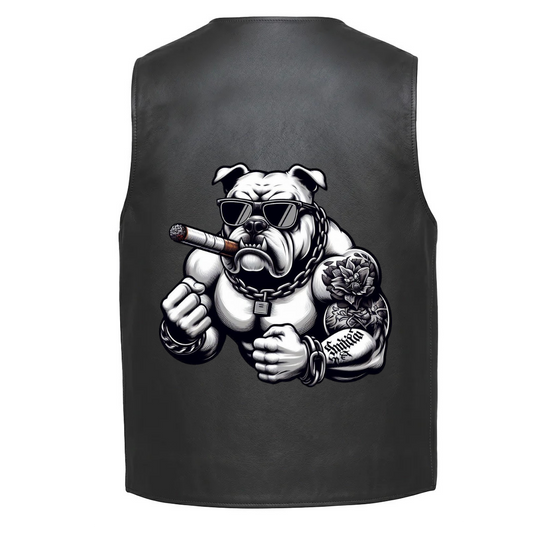 A muscular bulldog wearing sunglasses and with a cigar in the mouth