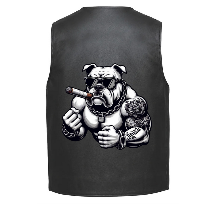 A muscular bulldog wearing sunglasses and with a cigar in the mouth
