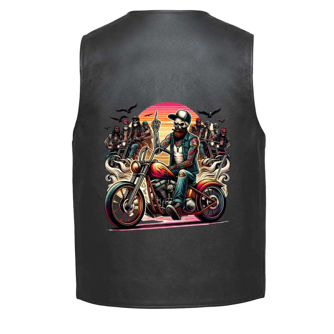Biker skull riding a motorcycle with a Middle Finger sunset in the back and other bikers in the background.