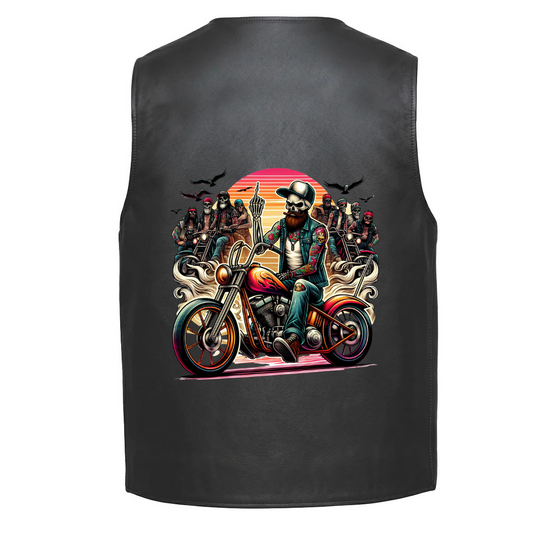 Biker skull riding a motorcycle with a Middle Finger sunset in the back and other bikers in the background.