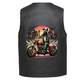 Biker skull riding a motorcycle with a Middle Finger sunset in the back and other bikers in the background.