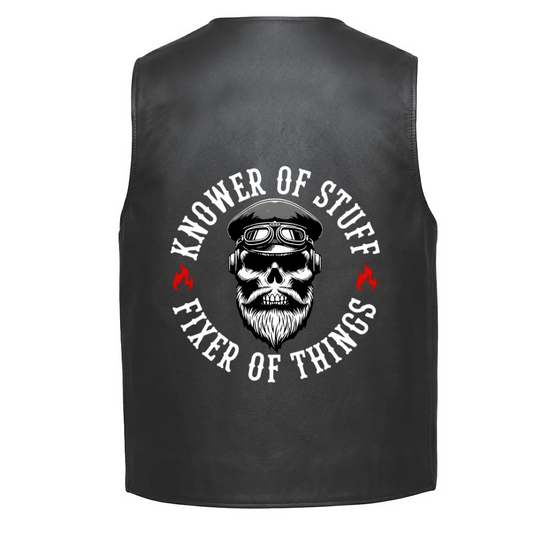 Leather Vest - A bearded skull wearing goggles, surrounded by the text &