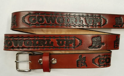 Embossed Leather Belt 1 1/2" Cowgirl Up