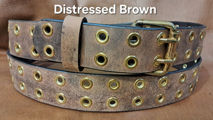 Leather Belt Double Hole With Brass Plate Buckle and Grommets 1 1/2" Wide