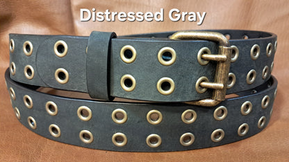 Leather Belt Double Hole With Antique Brass Buckle and Grommets 1 1/2" Wide