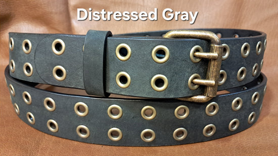 Leather Belt Double Hole With Antique Brass Buckle and Grommets 1 1/2" Wide