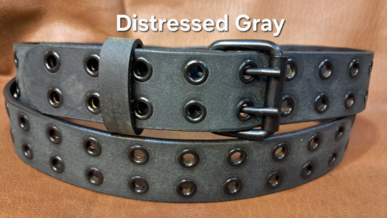 Leather Belt Double Hole With Black Plate Buckle and Grommets 1 1/2" Wide