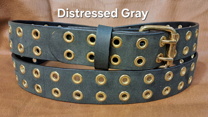 Leather Belt Double Hole With Brass Plate Buckle and Grommets 1 1/2" Wide
