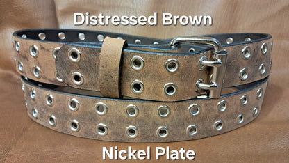 Leather Belt Double Hole With Nickel Plate Buckle and Grommets 1 1/4" Wide