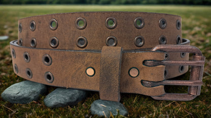 Leather Belt Double Hole With Antique Copper Buckle and Grommets 1 1/2" Wide