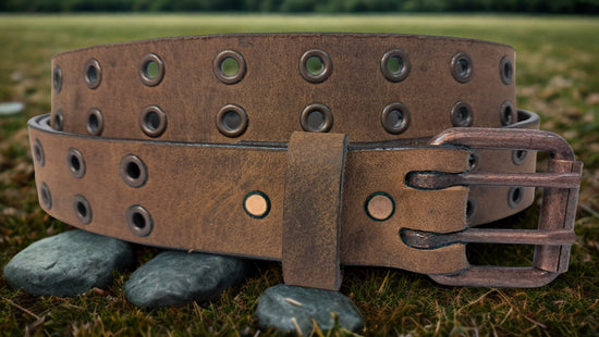 Leather Belt Double Hole With Antique Copper Buckle and Grommets 1 1/2" Wide