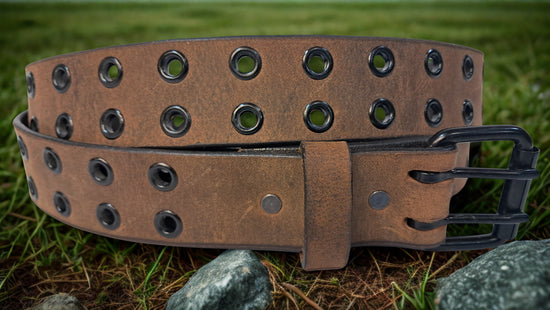 Leather Belt Double Hole Black Plate Buckle and Grommets 1 1/4" Wide