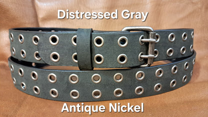 Leather Belt Double Hole With Antique Nickel Buckle and Grommets 1 1/2" Wide