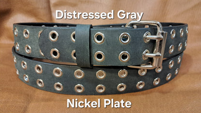 Leather Belt Double Hole With Nickel Plate Buckle and Grommets 1 1/2" Wide