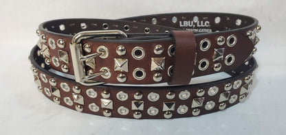 Leather Belt With  Double Hole Grommets and Studs 1 1/2" Wide
