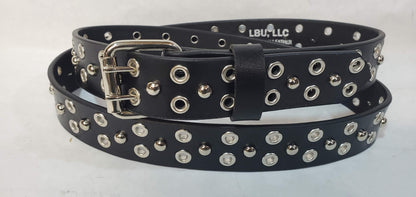 Leather Belt With  Double Hole Grommets and Studs 1 1/2" Wide