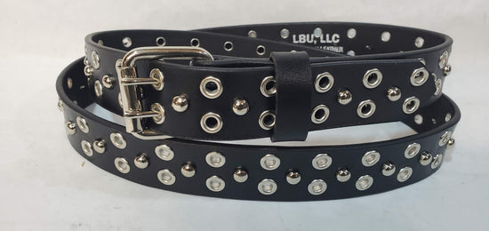 Leather Belt With  Double Hole Grommets and Studs 1 1/2" Wide